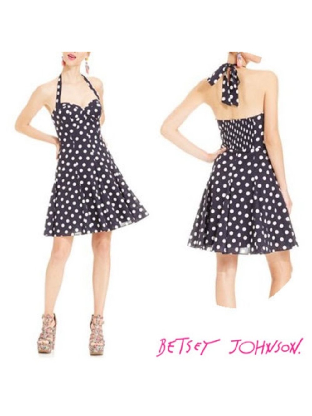 Betsey Johnson Polka Dot Halter Rockabilly Swing Dress - Navy and White - 4
